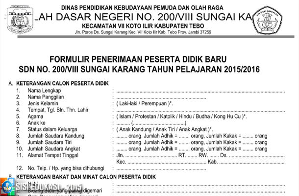 Contoh Formulir Pendaftaran Peserta Didik Baru Tahun 