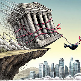 An editorial cartoon of a bank building being pushed toward the edge of a cliff. Generated by Microsoft Copilot Designer.