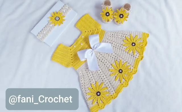 Conjunto Vestido de Bebé y Vincha a Crochet