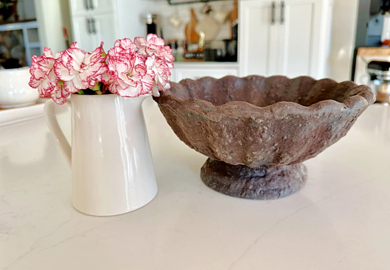 vintage metal bowl and flowers