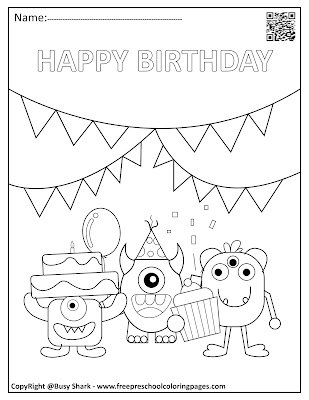 monsters celebrating happy birthday free printable preschool coloring pages for kids ,monsters celebrating with balloons,cakes and candles