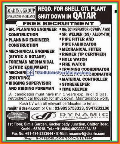 Jobs for shell GTL plant Qatar free recruitment