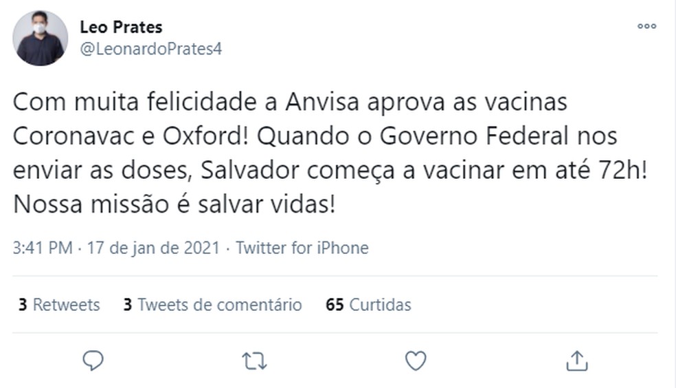 Secretário de saúde diz que vacinação em Salvador começa em até 72h após governo federal enviar doses