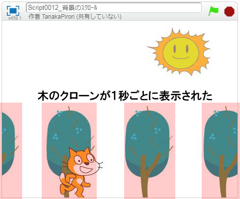 Tips Scratchでプログラミング その１１ 背景を作ろう その３ ランダムに木が登場する