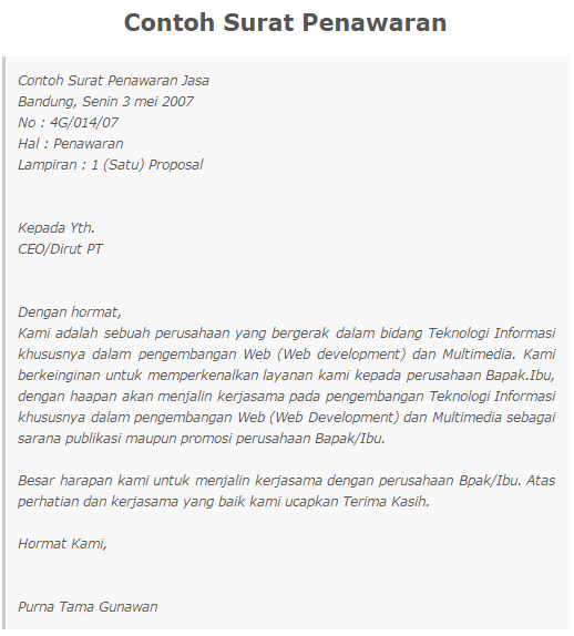 Contoh dan cara membuat surat penawaran barang serta harga 