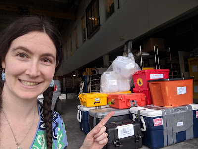 Picture of a smiling woman pointing to a stack of at 12 large totes, coolers, and boxes on a loading dock. 