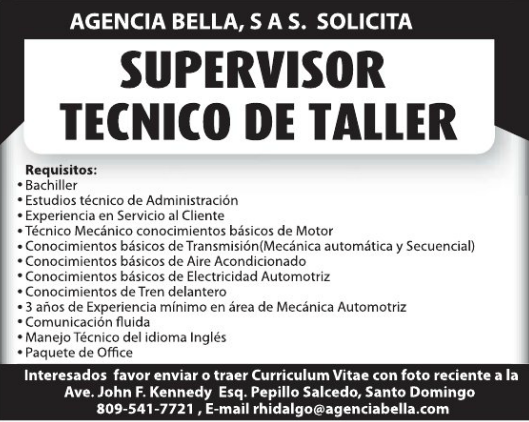 Empleo se solicita Supervisor de Taller