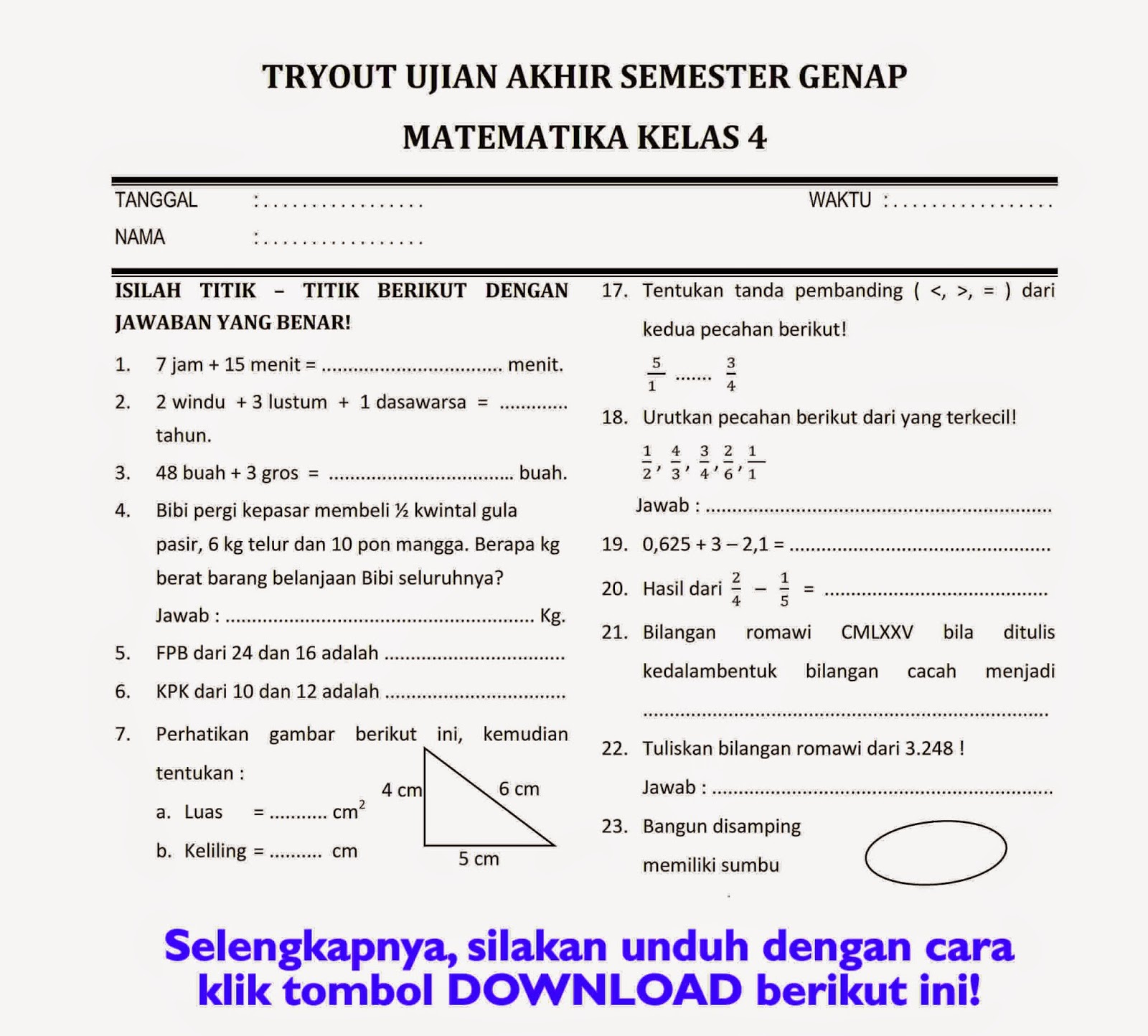 Soal Matematika Kelas 4 Semester 2 Beserta Kunci Jawaban