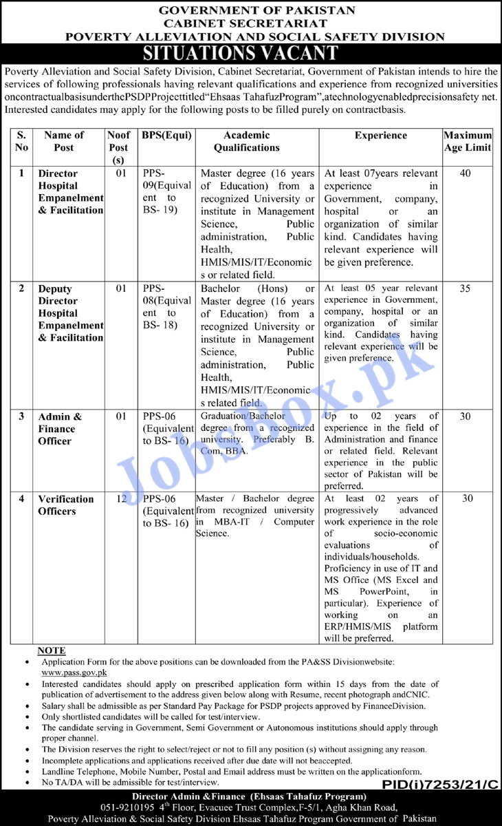 Cabinet Secretariat – PASS Jobs 2022 Application Form via www.pass.gov.pk