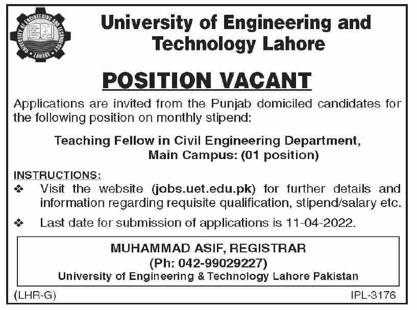Latest University of Engineering and Technology UET Teaching Posts Lahore 2022