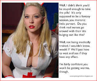 Captioned image of femdom who - shockingly - is not a qualified nurse