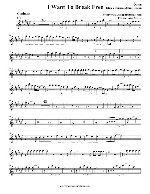  I Want To Break Free - Queen - Partitura Clarinete,  Trompeta, Saxo Soprano y Saxo Barítono (sib) - Clarinet, trumpet , tenor saxophone and soprano sax Sheet music 