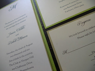 custom wedding invitation: lime green (chartreuse) and gold flat panel with monogram