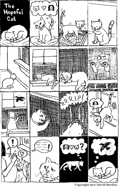 16 frame comic about the Hopeful Cat. A white cat that scratches the window screen. Art by David Borden