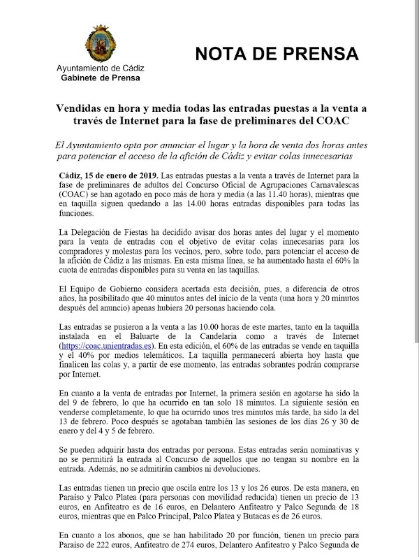 Vendidas en hora y media todas las entradas puestas a la venta a través de Internet para la fase de preliminares del COAC 