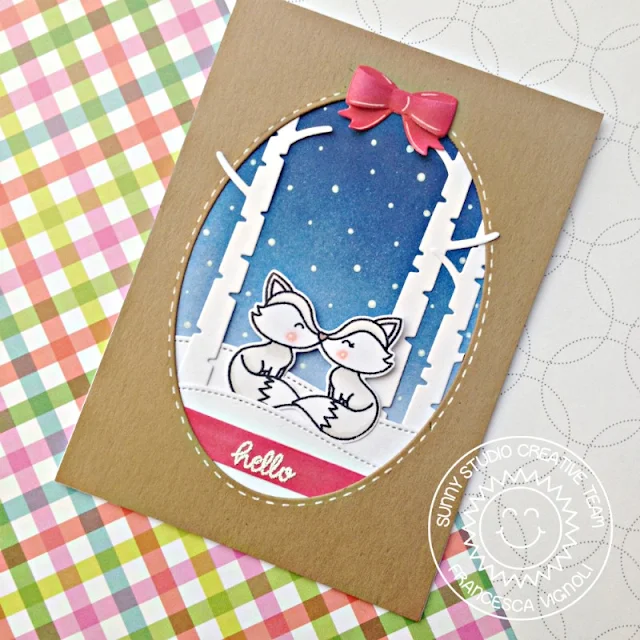 Sunny Studio Stamps: Foxy Christmas Rustic Winter Stitched Ovals Arctic Fox Winter Themed Cards by Franci Vignoli