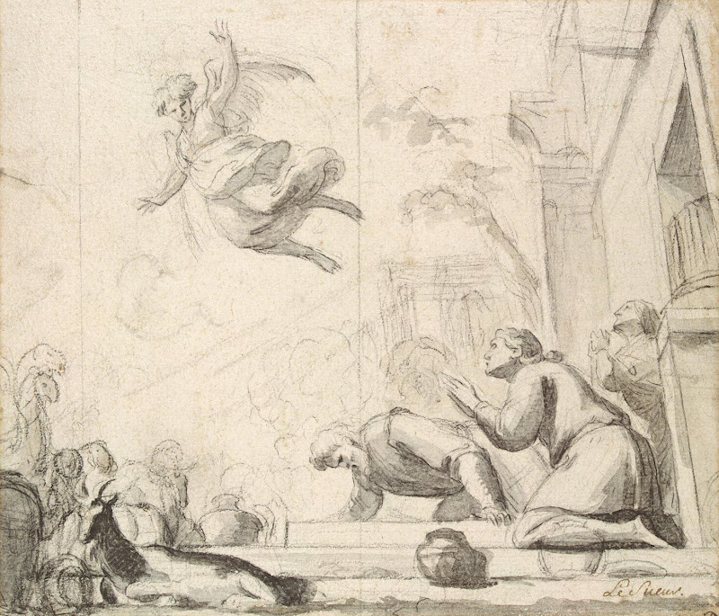 Archangel Raphael Leaving Tobit and his Family by Eustache Le Sueur - Christianity, Religious Drawings from Hermitage Museum