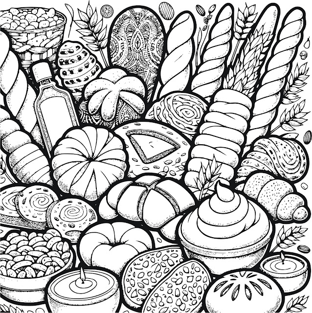 A children's coloring page featuring a diverse range of bread from around the world, including baguette.