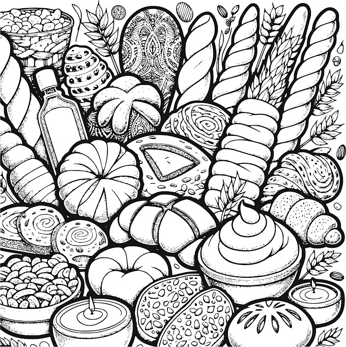 A children's coloring page featuring a diverse range of bread from around the world, including baguette