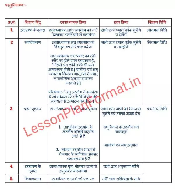 Lesson Plan Business Studies in Hindi