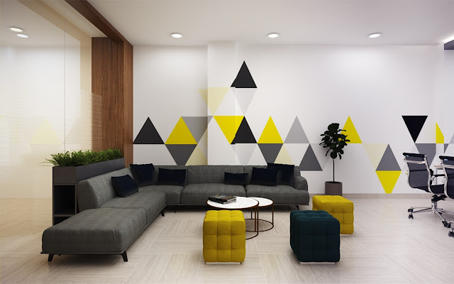 Thiết kế nội thất văn phòng với điểm nhấn màu vàng