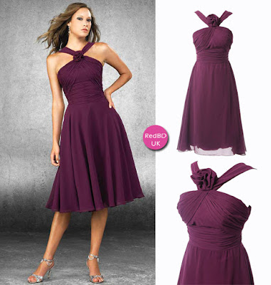 CHIFFON TEA LENGTH BRIDESMAID DRESS WITH A HANDMADE FLOWER ACCENTS AT CRISS CROSSED NECKLINE