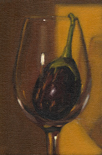 Still life oil painting of a small eggplant in a wine glass.