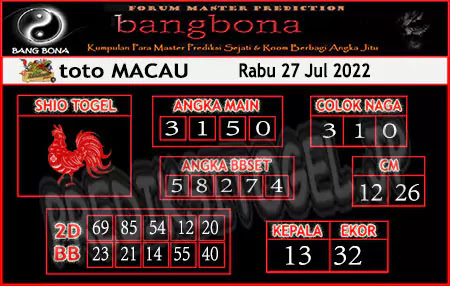 Prediksi Bangbona Toto Macau Rabu 27 Juli 2022