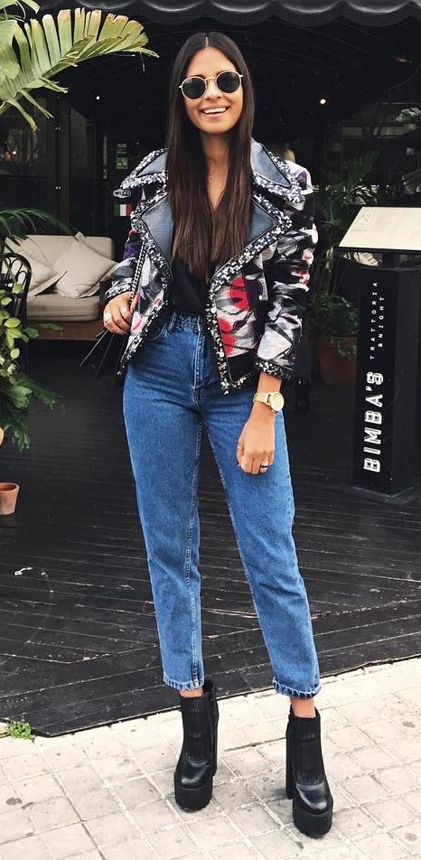 street style addiction: printed jacket + bag + boots + top + jeans