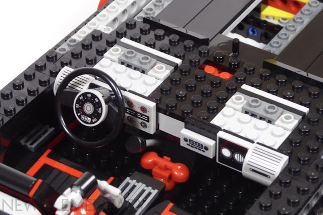 dashboard of the classic tv Batmobile Lego model, with instrumentation provided as stickers on tiles
