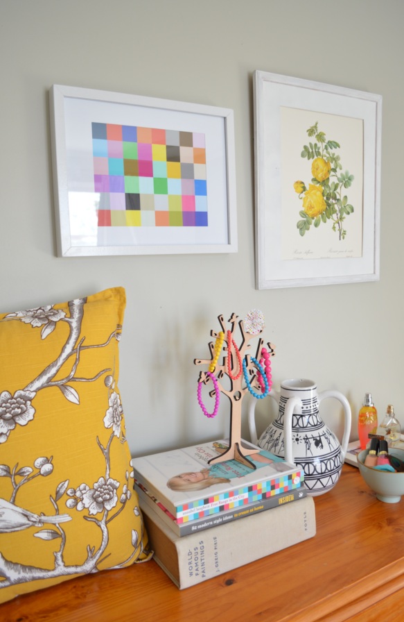 Five Kinds of Happy blog: bright bedroom vignette and wall art
