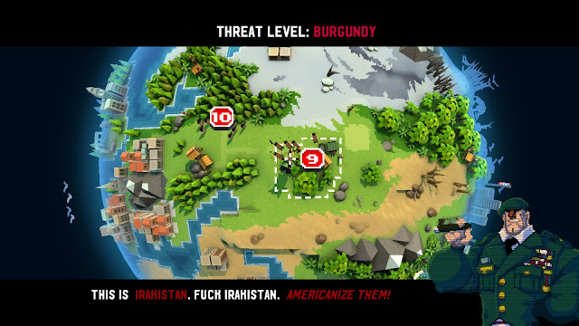 Broforce - The world map, showing Irakistan. Your superior asks you to "Americanize them".