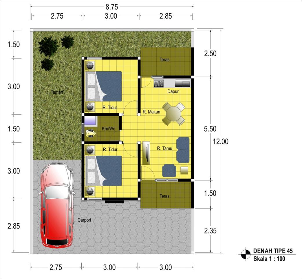 GAMBAR DENAH RUMAH TYPE 45 DAN UKURANNYA Freewaremini