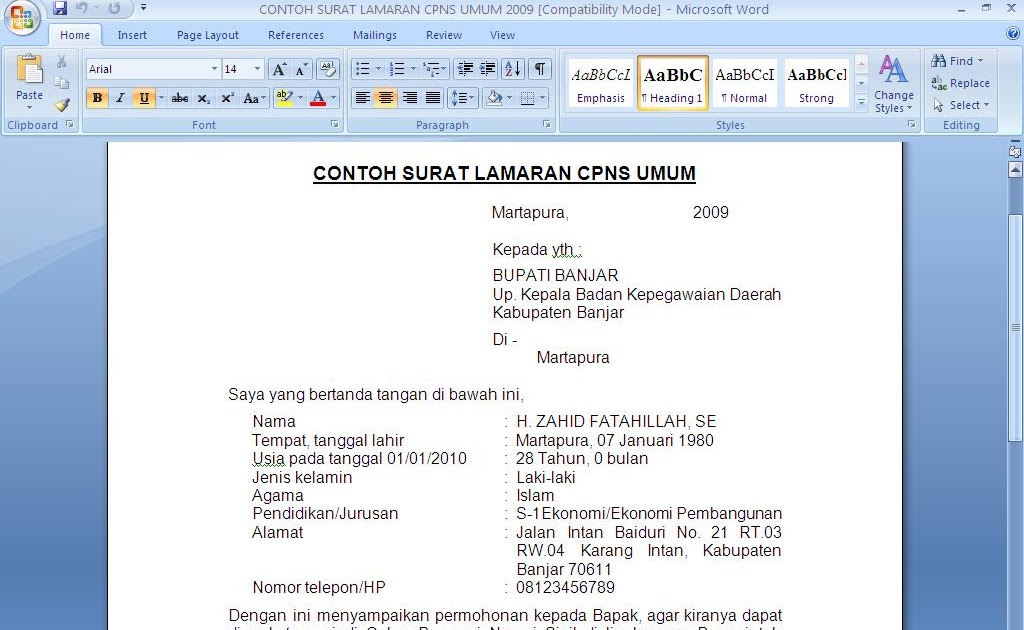 Contoh surat Lamaran CPNS | contoh surat dan kebutuhan anda