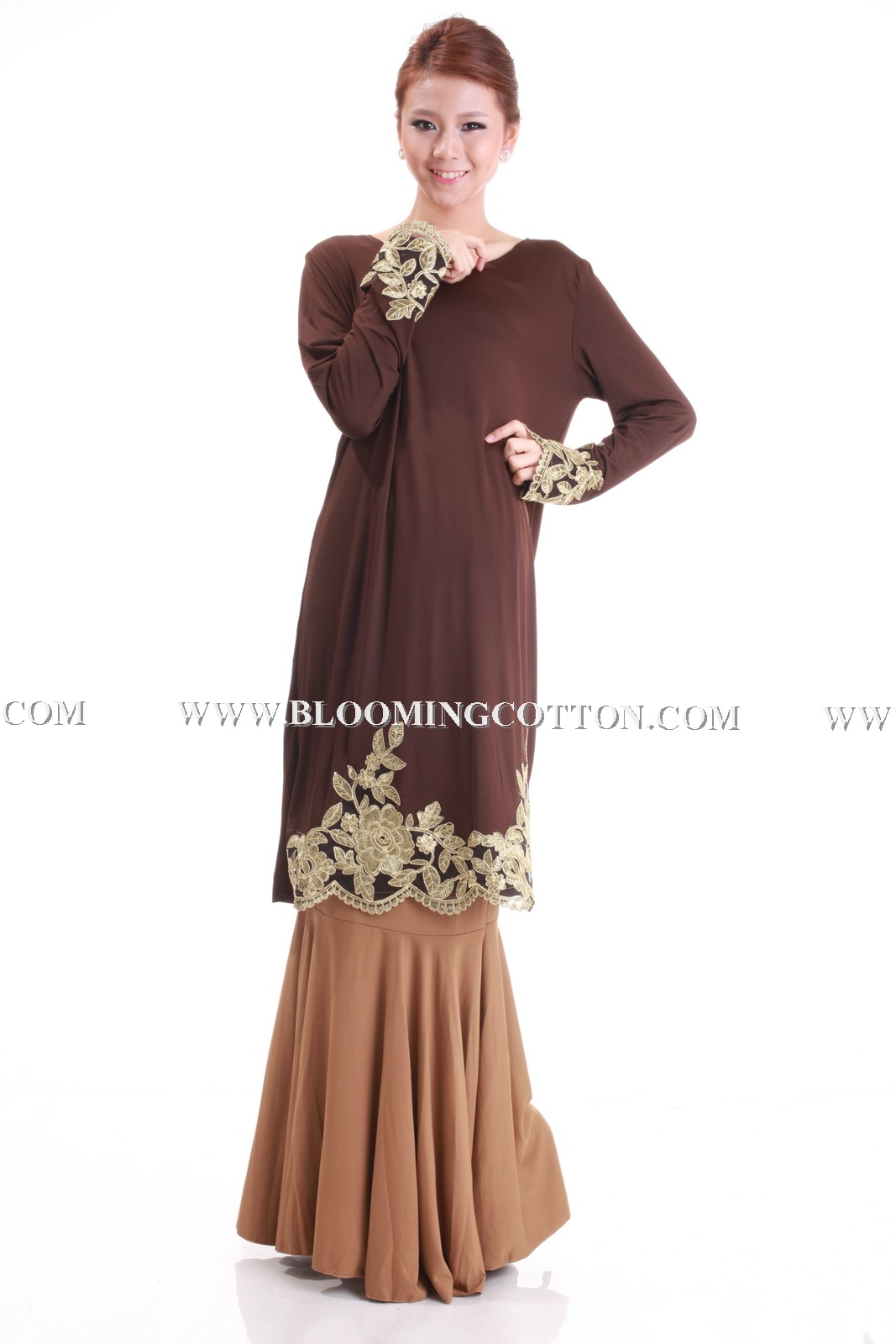 BLOOMING COTTON Modern Colorful Baju Kurung Gold Kerawang 