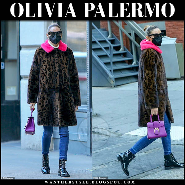 Olivia Palermo in brown leopard print fur coat and black ankle boots