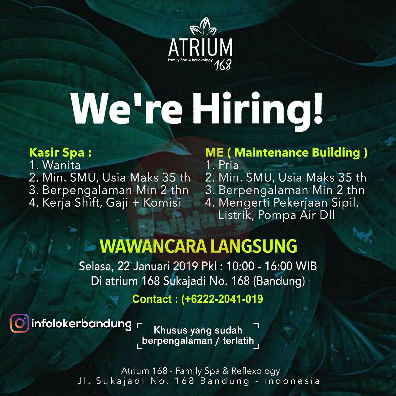 Lowongan kerja Atrium 168 Family Spa & Executive Karaoke Bandung Januari 2019