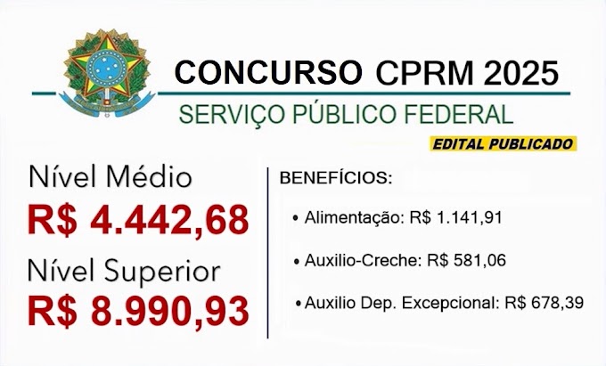 Concurso CPRM 2025: Edital publicado para cargos de níveis médio e superior com salários até R$10.577,48. Saiba Mais