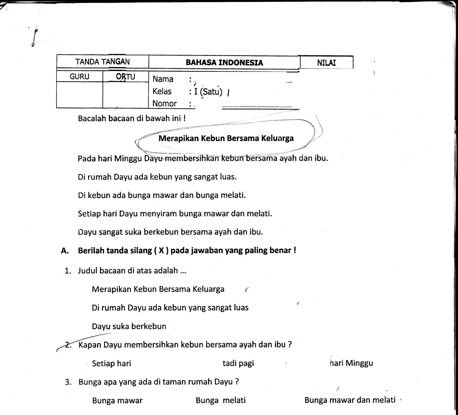 UAS Ujian Akhir Semester Bahasa Indonesia SD Kelas 1 Semester Ganjil TA 2014 2015 Kurikulum 2013