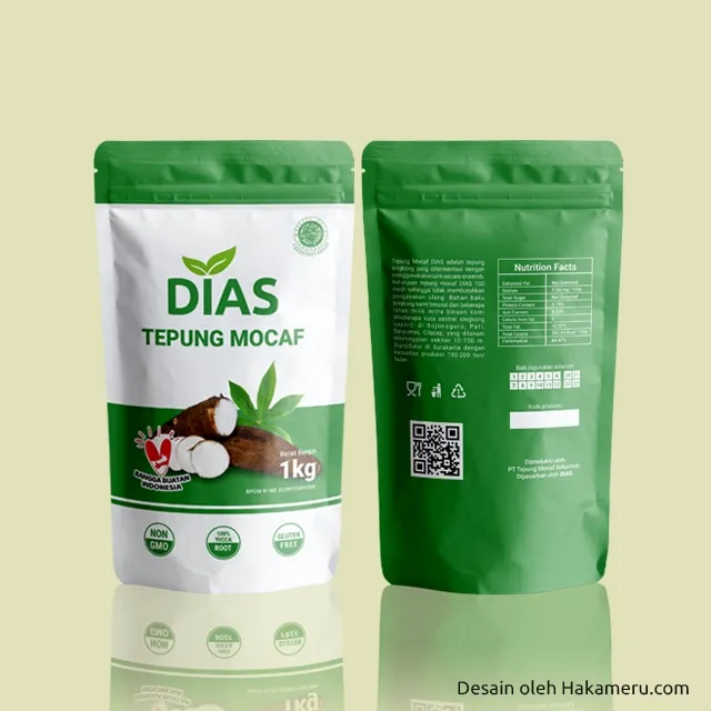 Desain kemasan untuk produk tepung mocaf - Jasa desain kemasan Hakameru.com