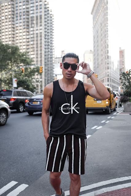 Wearing Calvin Klein Logo Tank Top, Bold Stripe ASOS Shorts, Yeezy Boost | Asian Male Model and Blogger