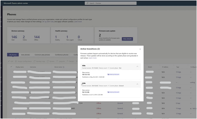 Screenshot of the Microsoft Teams admin center interface displaying active transactions. The screen details various information like transaction type, status, start time, end time, and associated devices.