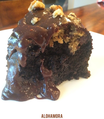 Chocolate Birthday Cookies in my Cake cake.  This soft and moist cake has soft chewy cookies, that are almost cookie dough like but they are cooked inside and throughout the cake.  This cake was my toddler, 3 year old, son's requested birthday cake.  I'm sure glad he came up with a tasty one.  Alohamora Open a Book http://www.alohamoraopenabook.blogspot.com/ easily gluten free Check out the cookie dough piece in the cake; it is barely visable under the ganache. 