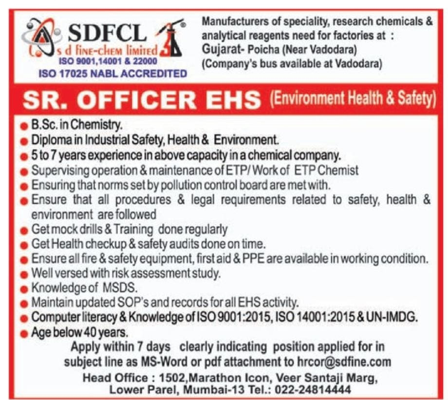 Chemical And Pharma Job, SDFCL Job Vacancy For EHS Department