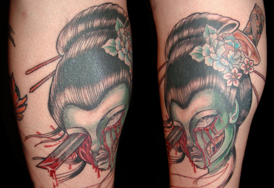 A Japanese geisha tattooed on the back of the arm of the world traveler,