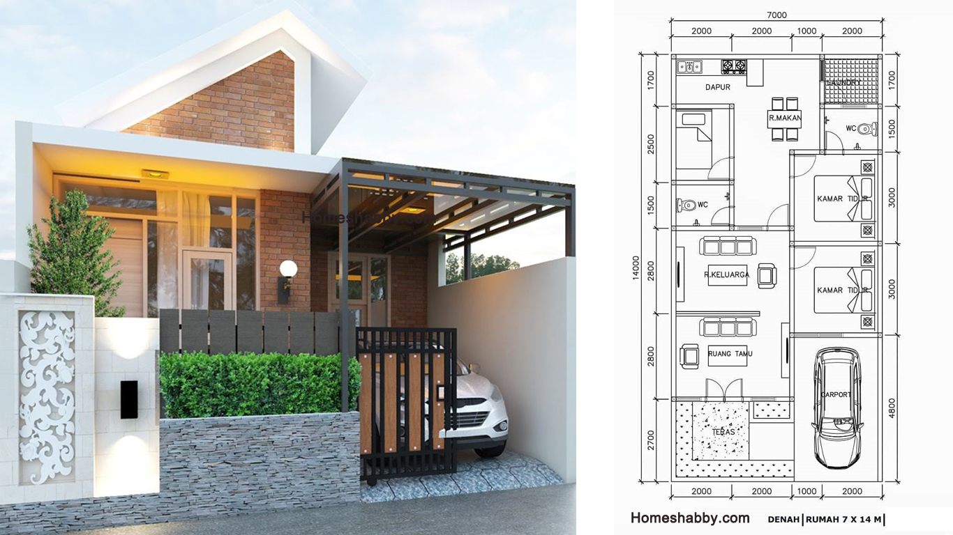 Desain dan Denah Rumah Minimalis Modern dengan Ukuran 7 x 14 M Material Bata Ekspos Tampil Elegan dan Kekinian ~ Homeshabby.com : Design Home Plans, Home Decorating and Interior Design - Denah Rumah 7x14 4 Kamar Tidur