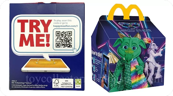 McDonalds Masked Singer Toys 2023 UK Happy Meal Box plus toy packaging example showing QR code