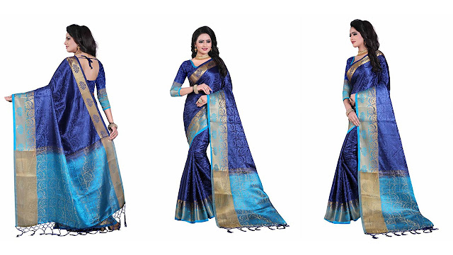 Bombey Velvat Fab Self Design, Solid, Applique, Paisley, Embellished, Striped, Checkered, Woven Daily Wear Cotton Silk, Jacquard, Cotton, Silk Saree  (Light Blue, Dark Blue)