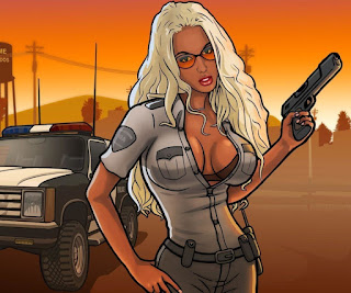 GTA V Artwork 1024x768 screen aspect ratio wallpaper sexy cop popping boobs in top open shirt with hand gun