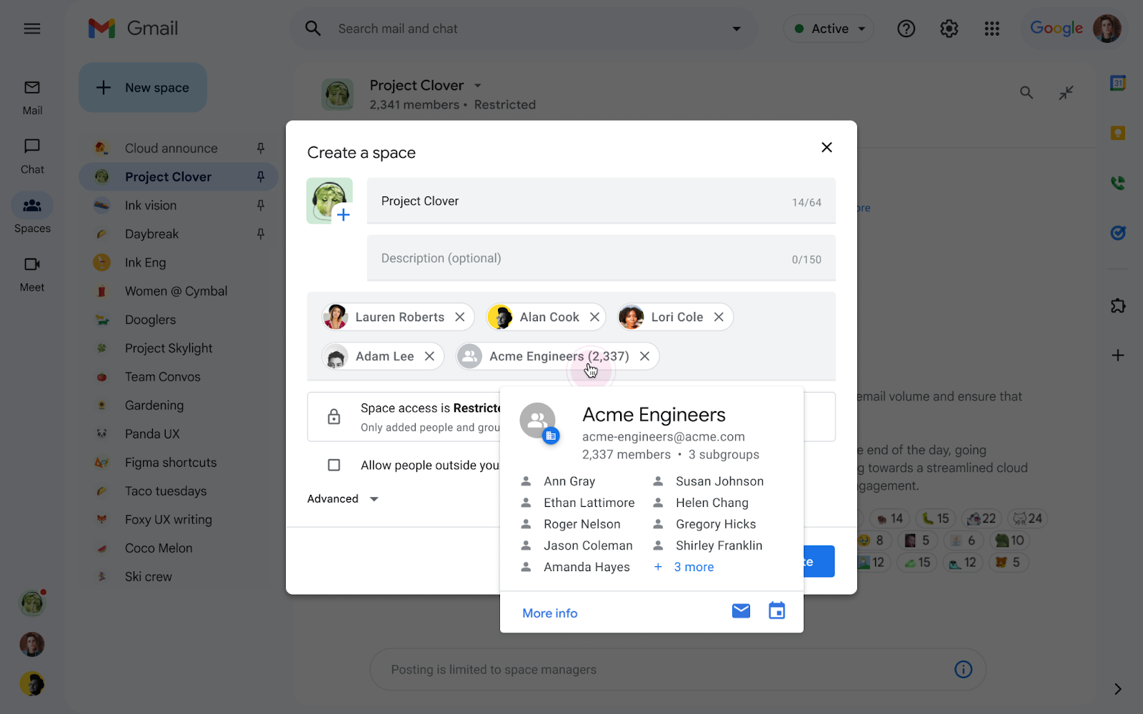 Google Chat でのスペースの作成時に Google グループを追加する。